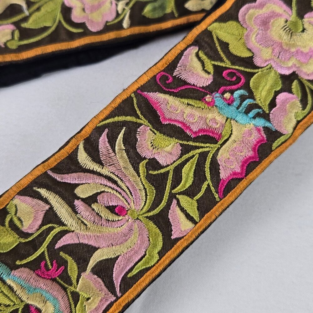 Colorful Floral Butterfly Bird Embroidered Tie Waist Belt Fun Whimsical Boho - Picture 8 of 9